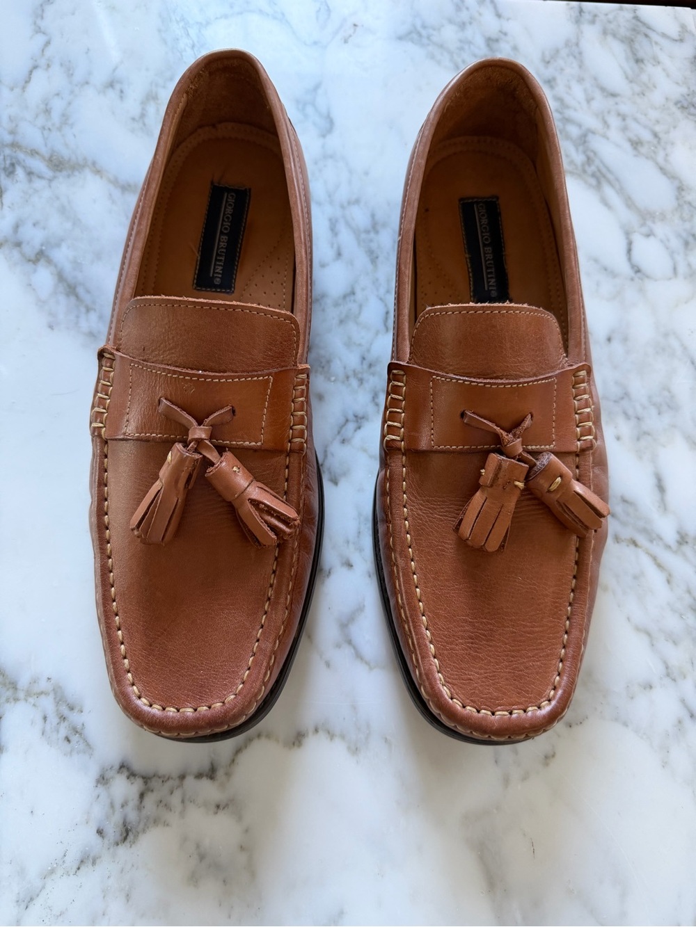 Tassel Penny Loafers in Cognac Brown leathe by Giorgio Brutini, size 12 like new